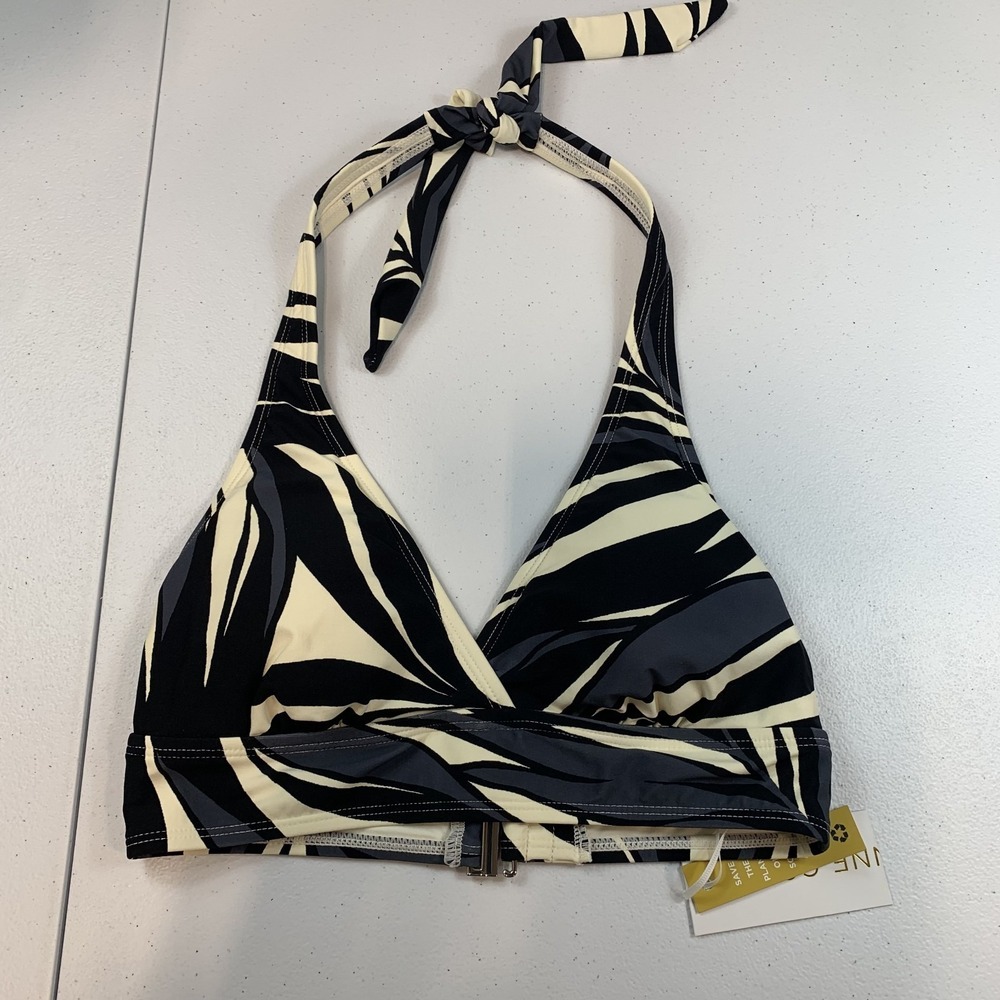 Anne Cole Women's Swim Bikini‎ Top XS Halter Banded Black Gray Maryiln Tropical